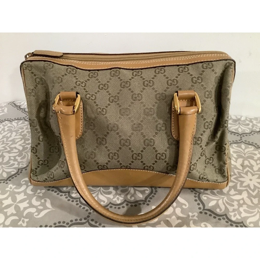 Vintage Gucci Monogram Boston Canvas Leather Handbag Shoulder Bag Made in Italy - Picture 4 of 11